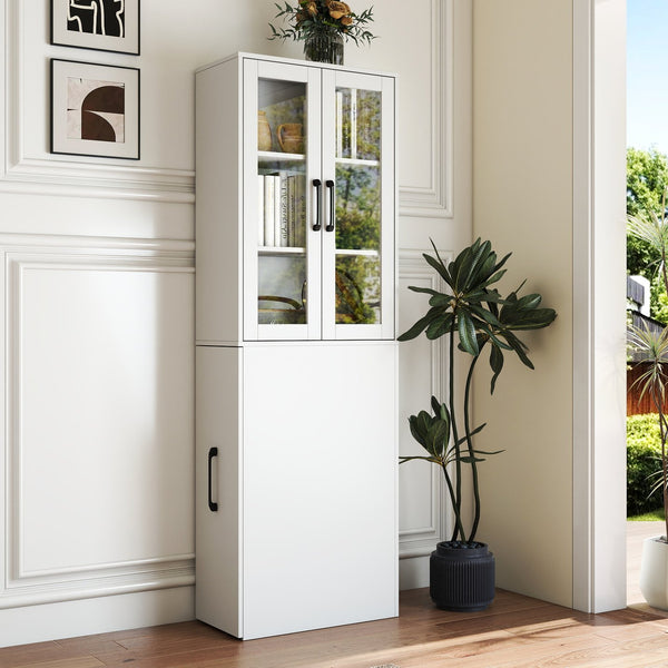 English Elm 70.87" Modern Display Storage Cabinet with 4-Tier Pull-Out Shelves, Dual Glass Doors for Home White W331P295245