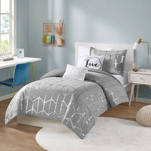 JLA Home Intelligent Design - Metallic Geometric Comforter Set with Soft Grey Microfiber, Embroidered Accent Pillows & Antimicrobial Finish 90 L x 68 W x 1H ID10-1243