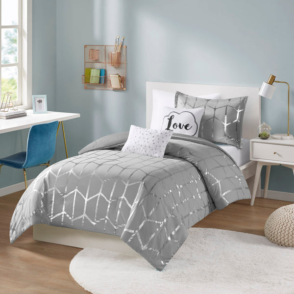 JLA Home Intelligent Design - Metallic Geometric Comforter Set with Soft Grey Microfiber, Embroidered Accent Pillows & Antimicrobial Finish 90 L x 68 W x 1H ID10-1243