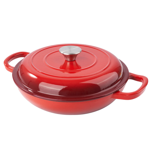 English Elm 3 Quart Enameled Cast Iron Braiser Red – Nonstick Dutch Oven Skillet with Lid, Oven/Grill Safe to 500°F, Even Heat T3950P399256