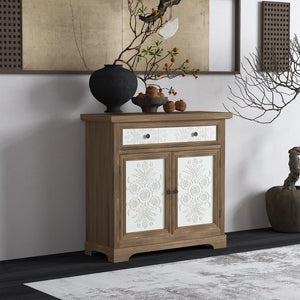 English Elm Rustic Boho Carved Accent Cabinet with Drawer & Removable Shelves, Distressed Sideboard Storage for Entryway W808P245579