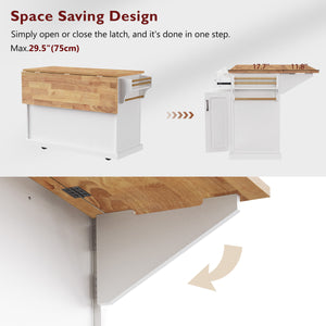 English Elm K&K 54" Farmhouse Kitchen Island with Embossed Texture, Drop Leaf, Soft-Close Drawers & Wheels White N707P195395W