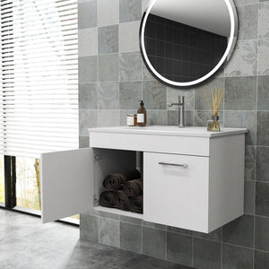 English Elm 32-Inch Wall-Mounted Bathroom Vanity With Ceramic Sink, Soft-Close Doors & Modern Glossy Finish W3151S00026