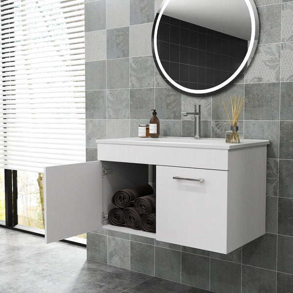 English Elm 32-Inch Wall-Mounted Bathroom Vanity With Ceramic Sink, Soft-Close Doors & Modern Glossy Finish W3151S00026