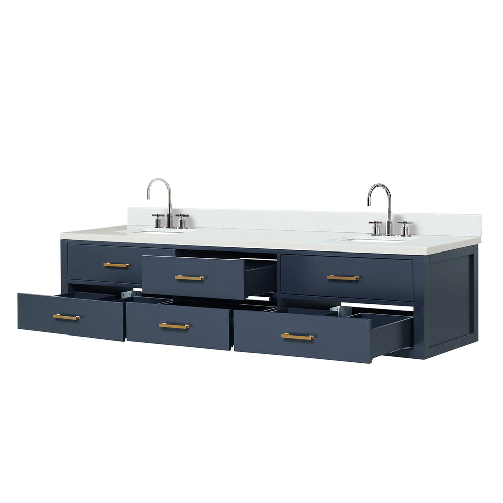 English Elm Blue Double Bath Vanity 84" W x 22" D with White Quartz Top, Chrome Gooseneck Faucets, Soft-Close Cabinetry B2731P258156