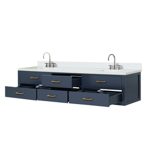 English Elm Blue Double Bath Vanity 84" W x 22" D with White Quartz Top, Chrome Gooseneck Faucets, Soft-Close Cabinetry B2731P258156