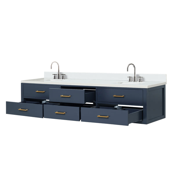 English Elm Blue Double Bath Vanity 84" W x 22" D with White Quartz Top, Chrome Gooseneck Faucets, Soft-Close Cabinetry B2731P258156