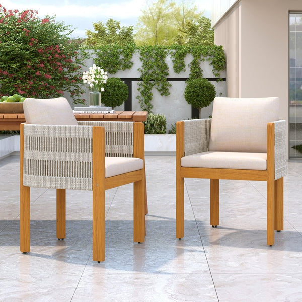 English Elm Acacia Wood Outdoor Dining Chair Set with Rope Arms and Waterproof Cushions N779P279983W