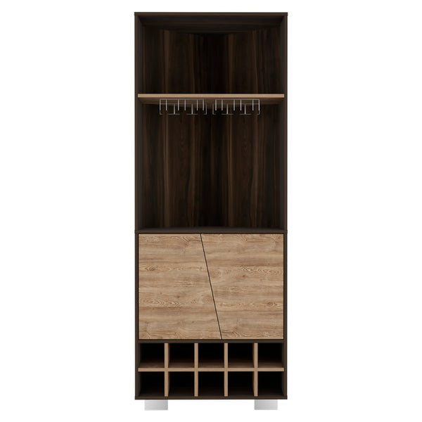 English Elm Fraktal Corner Bar Cabinet with Wine Rack Open Shelves Dark Oak Pine Wood B200S00407
