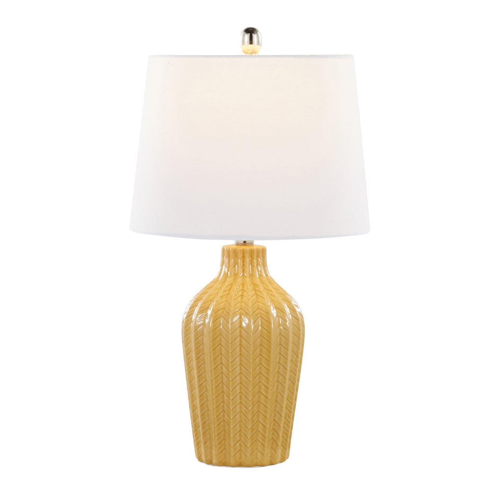 English Elm Rockwell 23" Contemporary Ceramic Table Lamp with Glossy Chevron Pattern, Polished Nickel Accents and White Linen Shade — Set of 2 Yellow B202P224025
