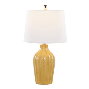 English Elm Rockwell 23" Contemporary Ceramic Table Lamp with Glossy Chevron Pattern, Polished Nickel Accents and White Linen Shade — Set of 2 Yellow B202P224025
