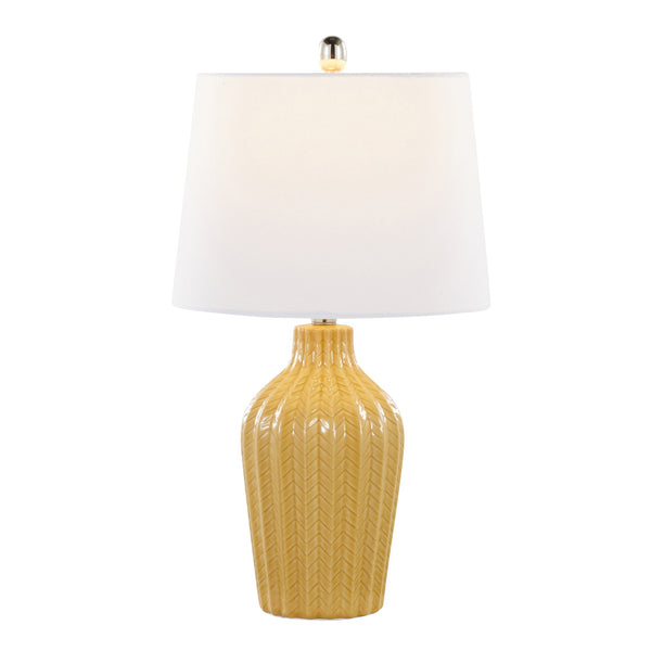 English Elm Rockwell 23" Contemporary Ceramic Table Lamp with Glossy Chevron Pattern, Polished Nickel Accents and White Linen Shade — Set of 2 Yellow B202P224025