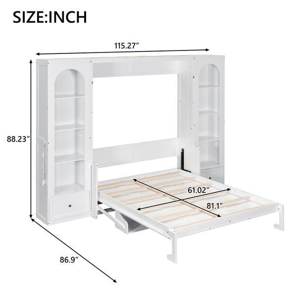 English Elm Queen Murphy Bed with Led Lighting Side Cabinets Shelving and Fold Down Desk Panel White N7090002226K-1