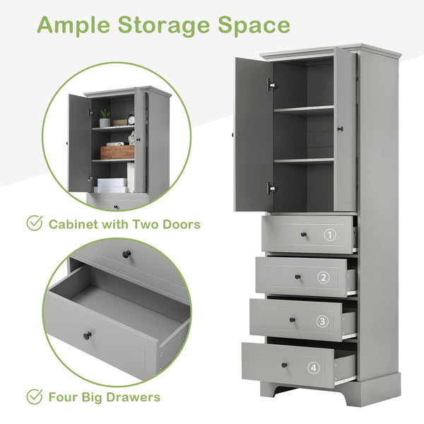 English Elm Storage Cabinet with 2 Doors and 4 Drawers, Slim MDF Organizer with Adjustable Shelf, Anti-Tip Safety Grey WF302825AAE