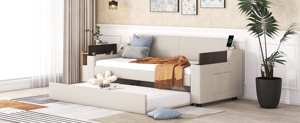 English Elm Twin Upholstery Daybed with Trundle, Storage Arms & USB Charging, Beige Linen, Durable Pine Frame SM000547AAA