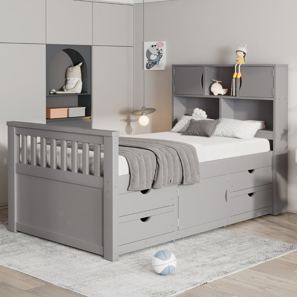 English Elm Twin Captain Platform Bed with Bookcase Headboard Four Drawers Pine Mdf Frame Gray GX001828AAE-1