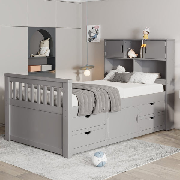 English Elm Twin Captain Platform Bed with Bookcase Headboard Four Drawers Pine Mdf Frame Gray GX001828AAE-1