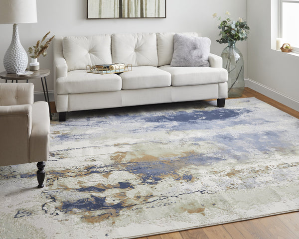 Feizy Rugs Clio Abstract Watercolor Area Rug - Luxurious Machine-made Design With High-low Pile Texture Blue,Orange,Ivory Polypropylene Clo39k1fblumltg00