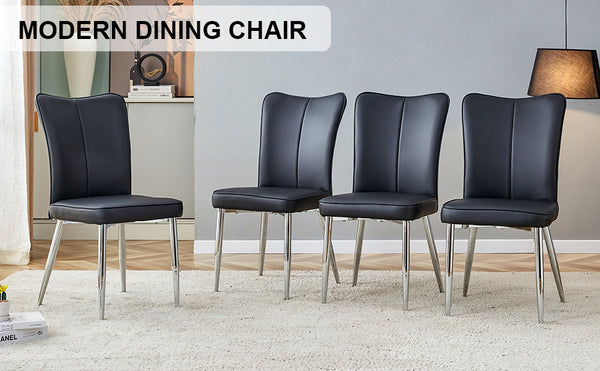 English Elm Modern minimalist dining chairs set of 4, black PU comfort seats with vertical stitch back, silver metal legs, anti-slip feet, easy assembly W1512P356180