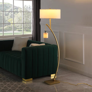 English Elm 59" Contemporary Dual Arc Floor Lamp with Hanging Pendant & Drum Shades, 3-Way Rotary Lighting Control Gold B072P222448