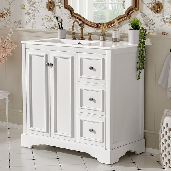 English Elm 36'' Transitional Bathroom Vanity with Ceramic Sink, Solid Wood Frame, Adjustable U-Shelf & Soft-Close Doors White N729P292966K