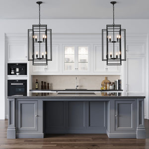 English Elm 18" Modern 8-Light Geometric Pendant Chandelier, Industrial Metal Frame, Adjustable 60" Drop, Stylish Lighting Black W2312P374787