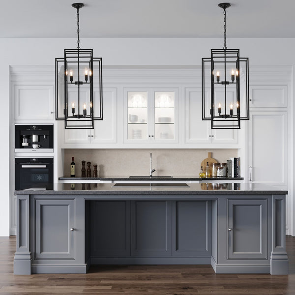 English Elm 18" Modern 8-Light Geometric Pendant Chandelier, Industrial Metal Frame, Adjustable 60" Drop, Stylish Lighting Black W2312P374787