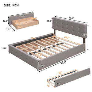 English Elm Upholstered Queen Platform Bed with Tufted Linen Headboard Storage Drawers and Trundle Light Gray LP100314AAN-1