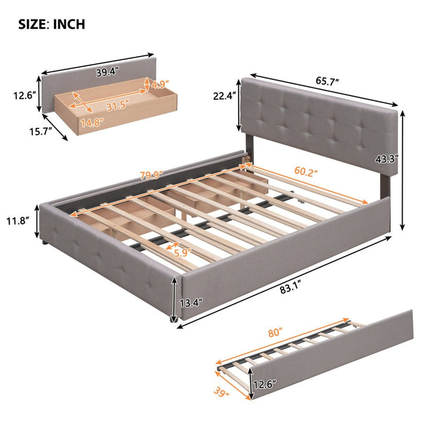 English Elm Upholstered Queen Platform Bed with Tufted Linen Headboard Storage Drawers and Trundle Light Gray LP100314AAN-1