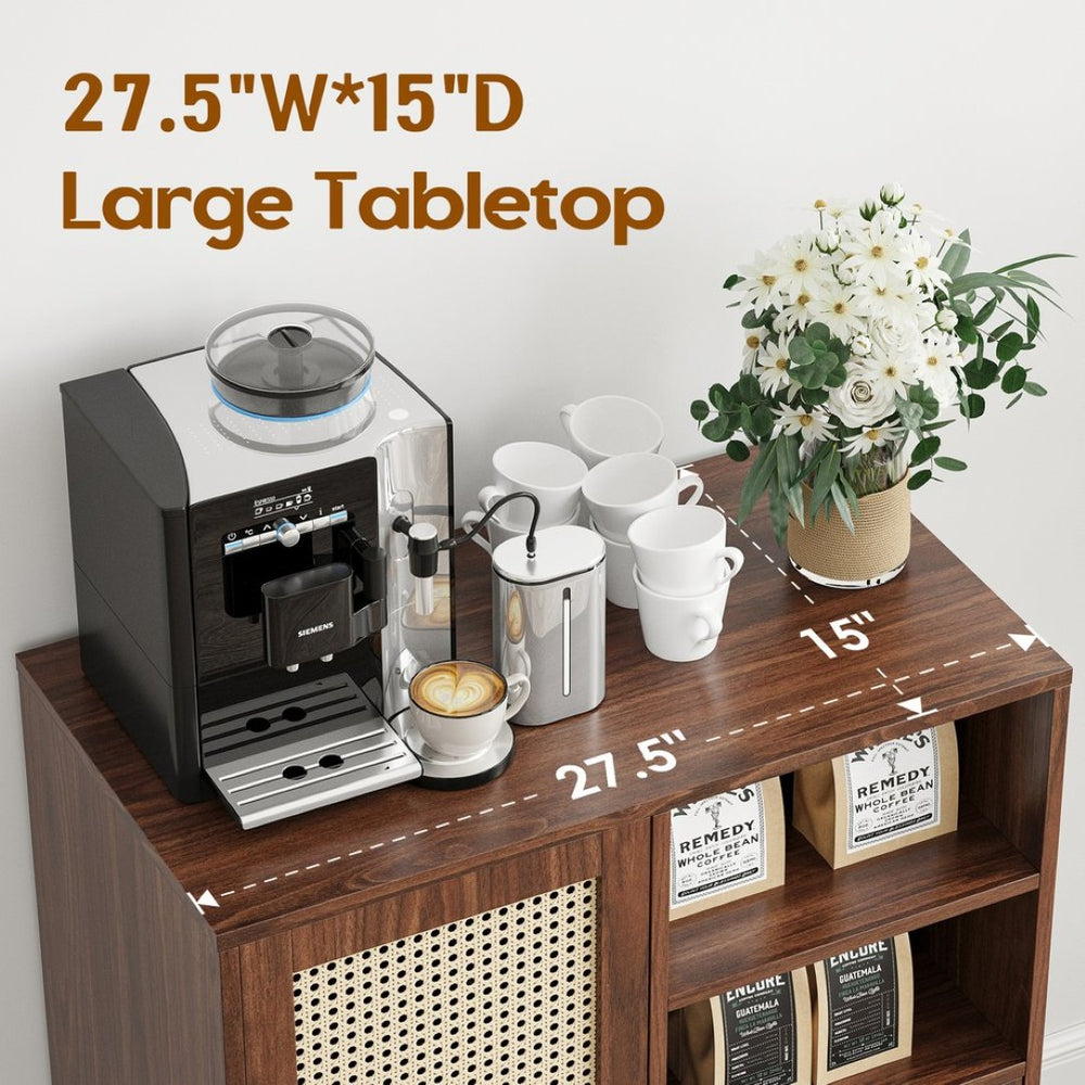 English Elm Rattan Cane Front Sideboard with Drawers Adjustable Shelf Bohemian Storage Cabinet Walnut T3623P434733