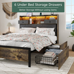 English Elm Bed Frame Queen Size with Drawers, Charging Station & RGB LED, Upholstered Storage Headboard, 1000lb Support, Antique Brown W636P193469