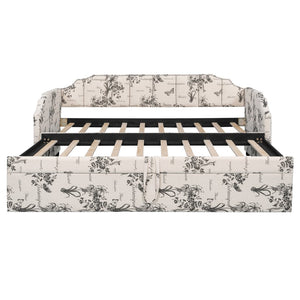 English Elm Twin Linen Upholstered Daybed with Pop up Trundle and Built in Usb Charging White Tossed Botanical SF000199AAZ