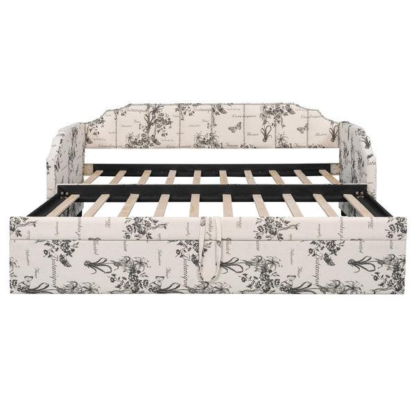 English Elm Twin Linen Upholstered Daybed with Pop up Trundle and Built in Usb Charging White Tossed Botanical SF000199AAZ