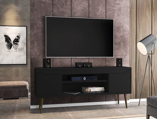 English Elm Bradley 63" Black Mid-Century Modern Tv Stand With Ample Storage, Cable Management & Stylish Design B365P398402