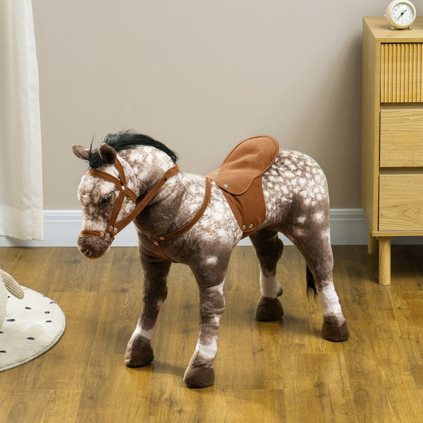 English Elm Qaba Plush Ride on Pony Toy with Saddle Stirrups and Neighing Sound for Kids W2225P249773