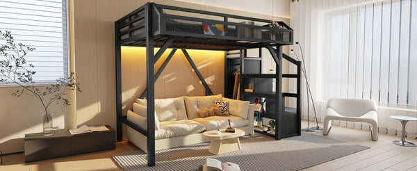 English Elm Twin Metal Loft Bed with Wardrobe Storage Stairs Led Lighting and Usb Ports W1580S00405