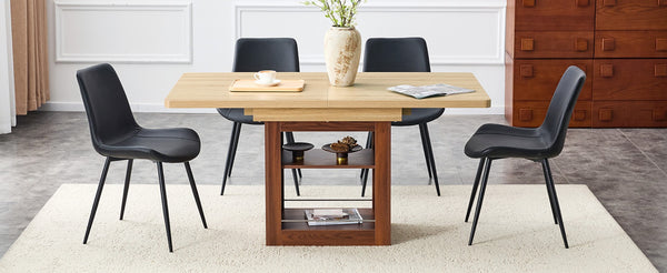 English Elm Scalable Extendable Dining Set Four Chairs Linen Upholstered Walnut Base Modern Black,Walnut,Wood W1151S04678