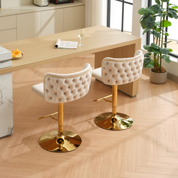 English Elm A&A Velvet Tufted Swivel Barstool with Ergonomic Back and Gold-Plated 17.7" Base, Set of 2 Beige W1143P204045