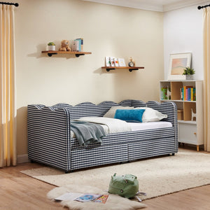 English Elm Twin Gingham Linen Daybed with Wave Silhouette Usb Port and Dual Storage Drawers Navy W1413S00144