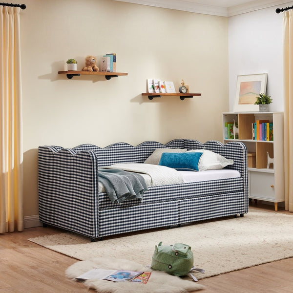 English Elm Twin Gingham Linen Daybed with Wave Silhouette Usb Port and Dual Storage Drawers Navy W1413S00144