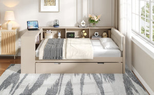 English Elm Wood Twin Platform Bed Linen Headboard Storage Shelves Trundle Charging Station Cream N709P004024C