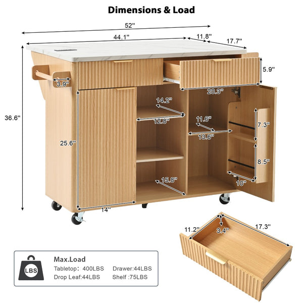 English Elm K&k Fluted Rolling Kitchen Island Faux Marble Top Power Outlet Drop Leaf Storage Natural N707S000019Y