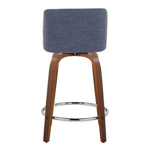 English Elm Toriano 24" Mid-Century Modern Counter Stool Set Of 2 – Swivel Blue Fabric With Walnut Legs & Chrome Footrest B202S00102-GIGA