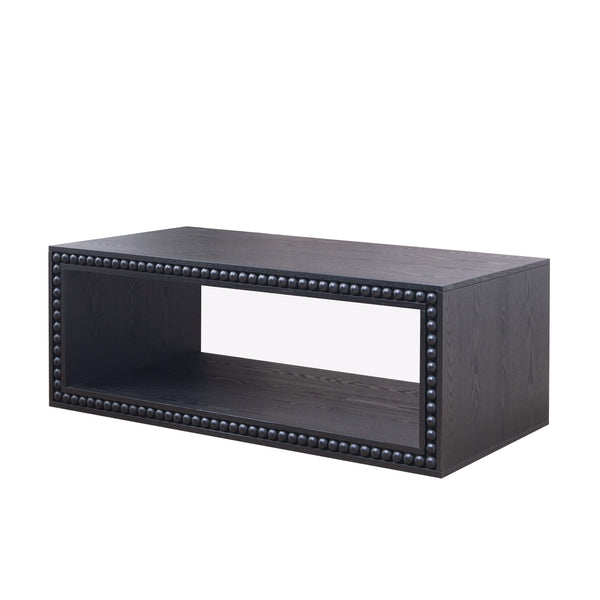 English Elm Black Beaded Edge Coffee Table | 47.6" Rectangular Matte Black Center Table with Open Shelf, Farmhouse Charm and Durable Crafted Trim W2729P309448