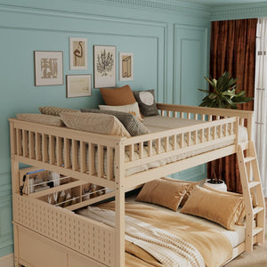 English Elm Full Xl Over Queen Bunk Bed Pinewood Frame with Led Lights Shelving Pegboard Beige LT000279AAA