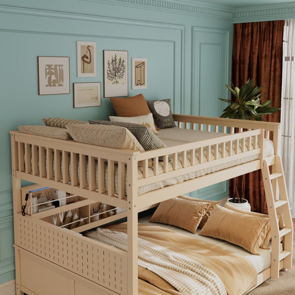 English Elm Full Xl Over Queen Bunk Bed Pinewood Frame with Led Lights Shelving Pegboard Beige LT000279AAA