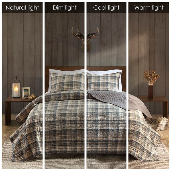 JLA Home Woolrich - 100% Cotton Oversized Quilt Mini Set – Reversible Plaid & Solid Design, Lightweight Breathable Year-Round Comfort Tan WR14-1787