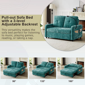 English Elm 53.9" Modern Loveseat Pull-Out Sofa Bed with Adjustable Backrest, Cup Holders, USB Charging Ports & Storage Teal N719S001650T