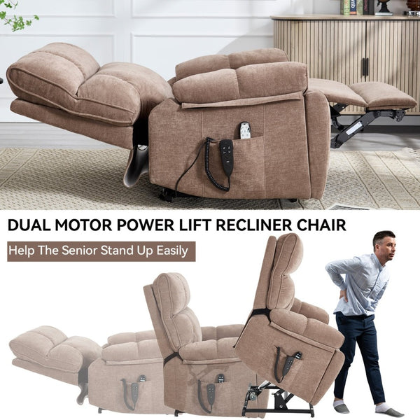 English Elm Beige Chenille Power Lift Recliner Dual Motor Massage Heat 350 Lb Capacity Brown W1803P264024