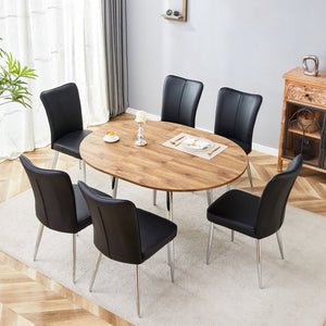 English Elm Table and Chair Set Extendable Round to Oval Wood Grain Mdf with Six Pu Seats W1151S03961
